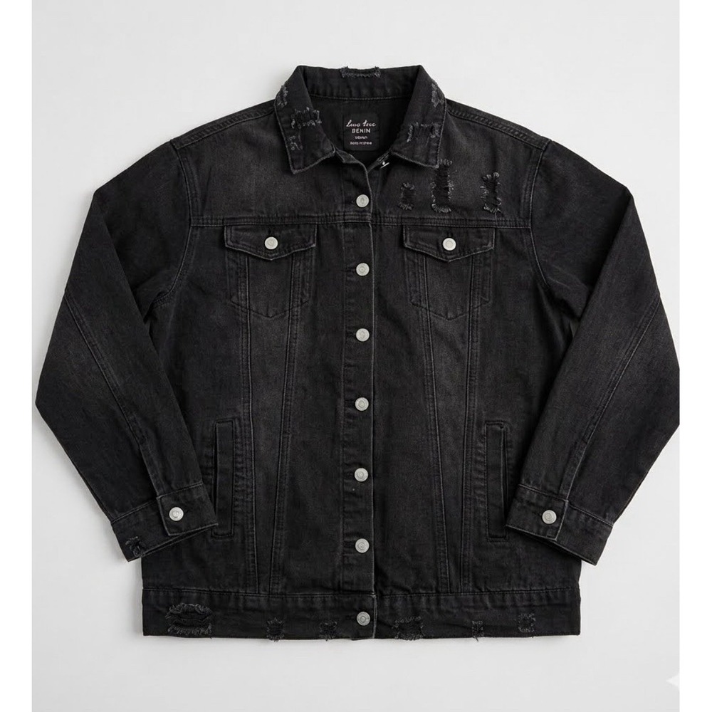 Love Tree Black Denim Jacket Distressed Ripped Punk Streetwear Size Medium